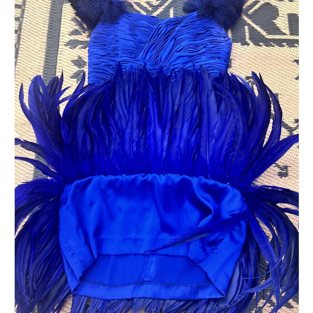 Vtg 80s Custom Made Cobalt Blue Feather Cocktail Dress Ruched Mini Showgirl S/M - Picture 7 of 10